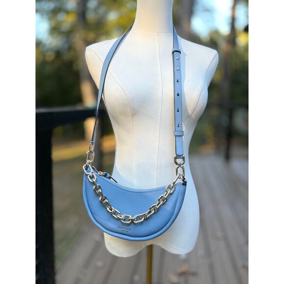 Kate Spade Smile Bag Light Blue Leather Crossbody & Chain Strap Shoulder Purse - Picture 12 of 13